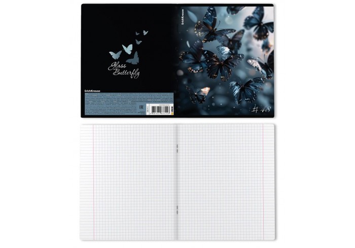Тетрадь А5, 48л, ErichKrause Glass Butterflies, клетка, матовая ламинация+выборочный УФ-лак, ассорти