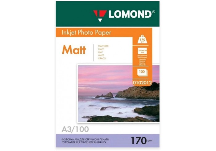 Фотобумага матовая БОЛЬШОГО ФОРМАТА, A3, 170 г/м2, двусторонняя, 100 листов, LOMOND,