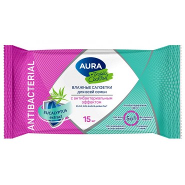 Салфетки влажные 15 шт., AURA Tropic Cocktail, c антибактериальным эффектом,