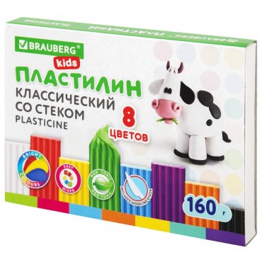 Пластилин классический 8 цветов, 160 г, со стеком BRAUBERG KIDS,