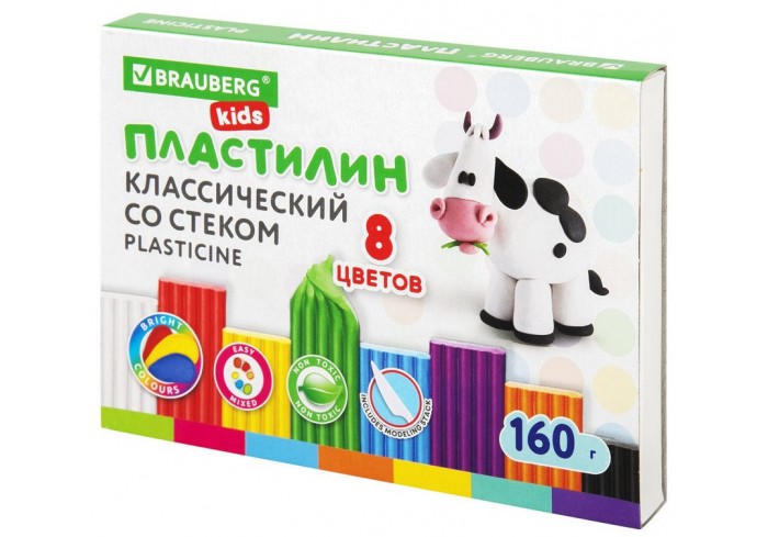 Пластилин классический 8 цветов, 160 г, со стеком BRAUBERG KIDS,