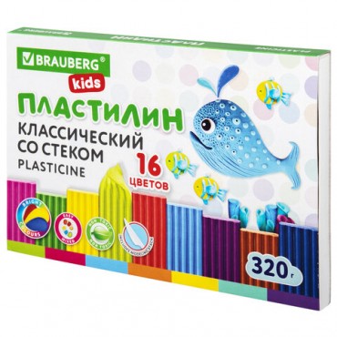 Пластилин классический BRAUBERG KIDS, 16 цветов, 320 г, со стеком,