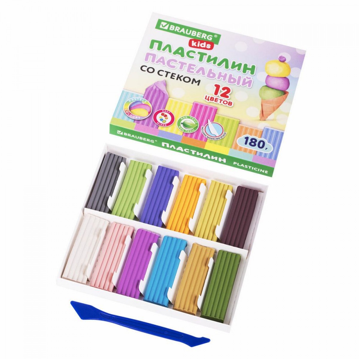 Пластилин классический пастельные цвета BRAUBERG KIDS, 12 цветов, 180 грамм, стек,
