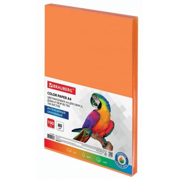 Бумага цветная BRAUBERG, А4, 80 г/м2, 100 л., интенсив, оранжевая, для офисной техники