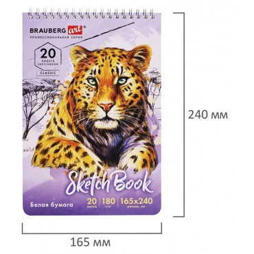 Скетчбук, белая бумага 180 г/м2, 165х240 мм, 20 л., гребень, твердая обложка, BRAUBERG ART CLASSIC