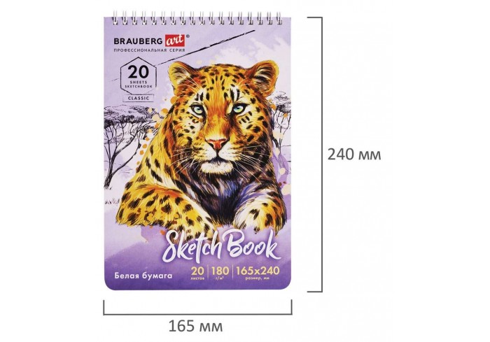 Скетчбук, белая бумага 180 г/м2, 165х240 мм, 20 л., гребень, твердая обложка, BRAUBERG ART CLASSIC
