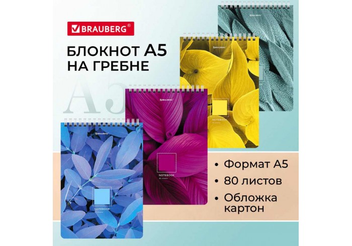 Блокнот А5 (146х206 мм), 80 л., гребень, картон, клетка, BRAUBERG, 