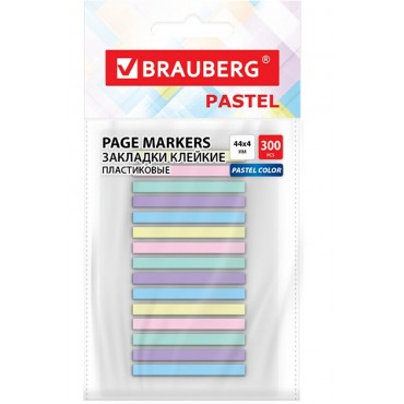 Закладки клейкие пастельные BRAUBERG PASTEL, 44х4 мм, 300 штук (15 блоков х 20 листов), 116683