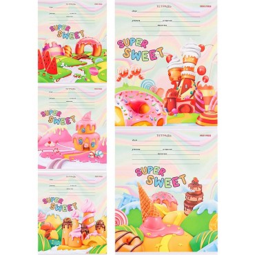 Тетрадь клетка А5 12л. СЛАДКАЯ СТРАНА МИКС, цветная мелов.обложка, 5 дизайнов