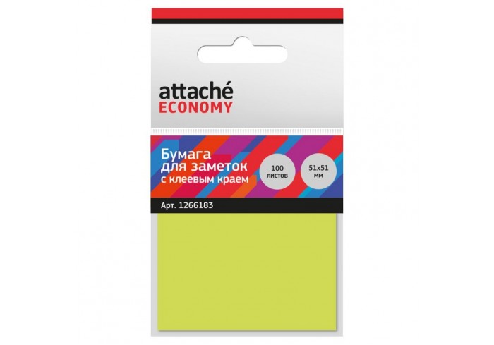 Бумага для заметок Attache Economy с клеев.краем 51x51 мм 100 лист неоновый желтый