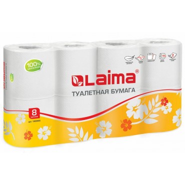 Бумага туалетная бытовая, спайка 8 шт., 2-х слойная, (8х19 м), LAIMA, белая,