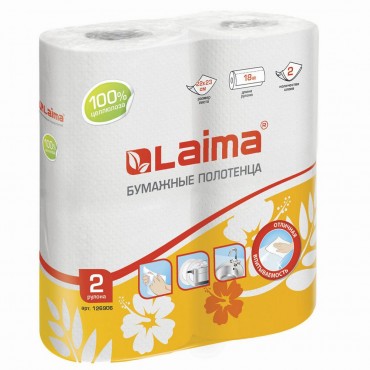 Полотенца бумажные бытовые, спайка 2 шт., 2-х слойные, (2х18 м), LAIMA, 22х23 см, белые,