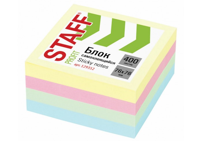 Блок самоклеящийся (стикеры) STAFF PROFIT ПАСТЕЛЬНЫЙ, 76х76 мм, 400 листов, 4 цвета
