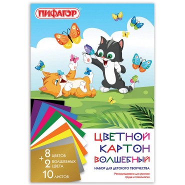 Картон цветной А4 немелованный (матовый), ВОЛШЕБНЫЙ, 10 листов 10 цветов, в папке, ПИФАГОР, 200х290