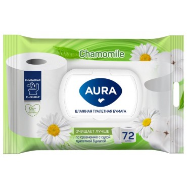 Бумага туалетная влажная смываемая 72 шт., AURA, с пластиковым клапаном,