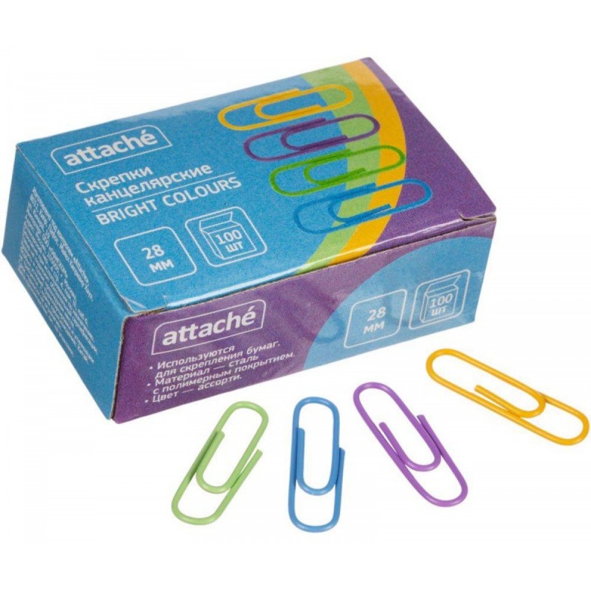 Скрепки Attache Bright Colours полимерные, 28 мм, 100 шт. в уп