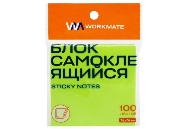 Бумага для заметок с липким краем 76х76 мм, неоново-зелёный, 100 листов, Workmate
