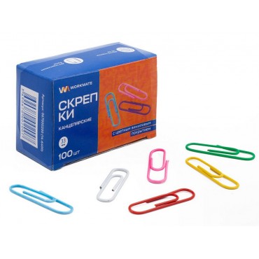 Скрепки канцелярские Workmate 33 мм, цветные, виниловое покрытие, 100 штук в упаковке