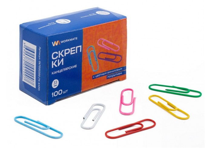 Скрепки канцелярские Workmate 33 мм, цветные, виниловое покрытие, 100 штук в упаковке