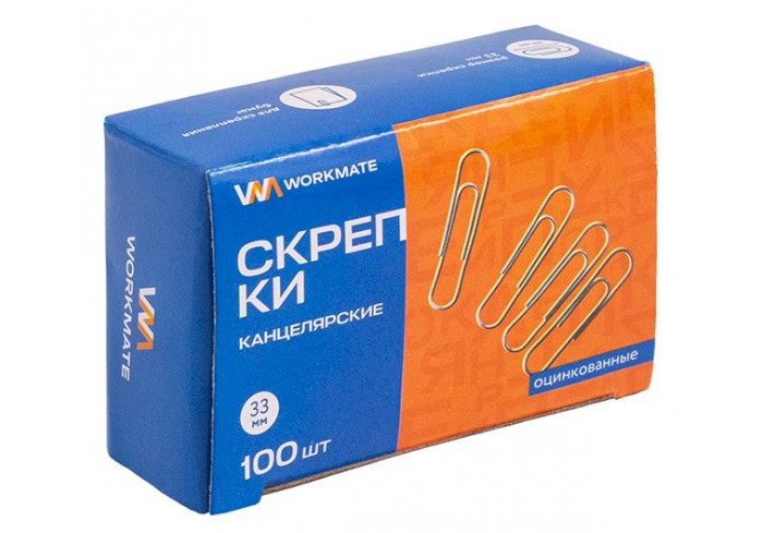 Скрепки канцелярские Workmate 33 мм, оцинкованные, 100 штук в упаковке