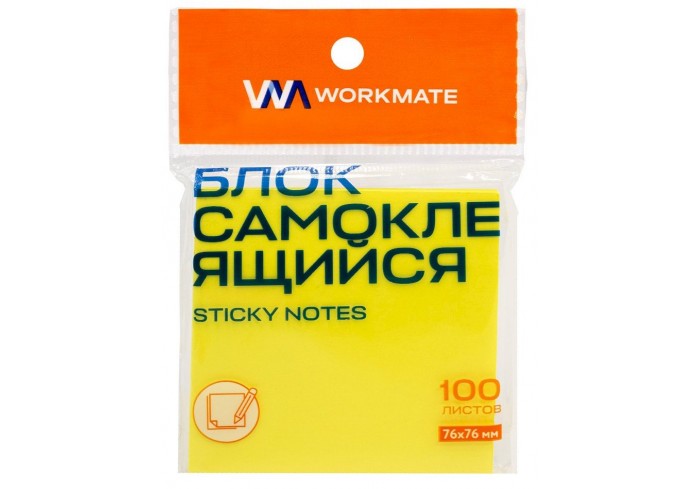 Бумага для заметок с липким краем 76х76 мм, неоново-жёлтый, 100 листов, Workmate