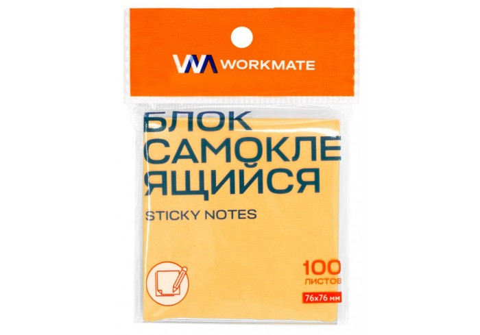 Бумага для заметок с липким краем 76х76 мм, неоново-оранжевый, 100 листов, Workmate