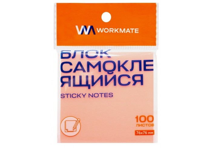 Бумага для заметок с липким краем 76х76 мм, неоново-розовый, 100 листов, Workmate