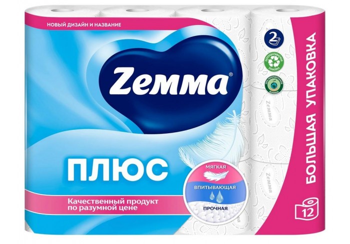 Бумага туалетная 2х-слойная, спайка 12 шт. х 23 м, ZEMMA/ZEWA Plus, белая