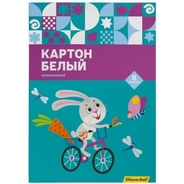 Картон белый мелов. 8л. 1цв. A4 Зайка 230г/м2 1диз. обл.мел.картон папка ,  Silwerhof