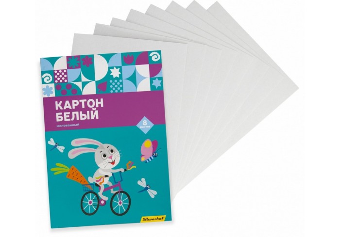 Картон белый мелов. 8л. 1цв. A4 Зайка 230г/м2 1диз. обл.мел.картон папка ,  Silwerhof