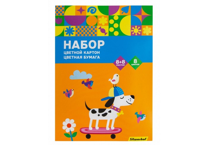 Набор картона/бумаги ассорти 16л. 8цв. A4 Скейтбордист 230г/м2 1диз. обл.мел.картон папка Silwerhof