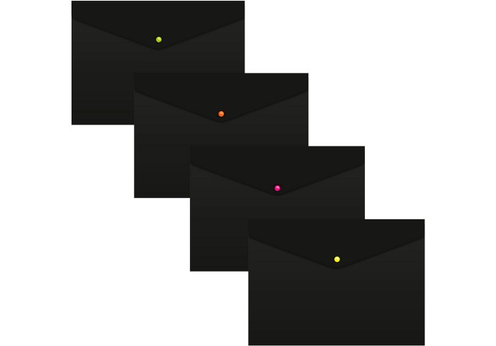 Папка-конверт на кнопке  A4 пластик 180мкр, черный, кнопка ассорти Бюрократ Black Opal BLPK803A4/1