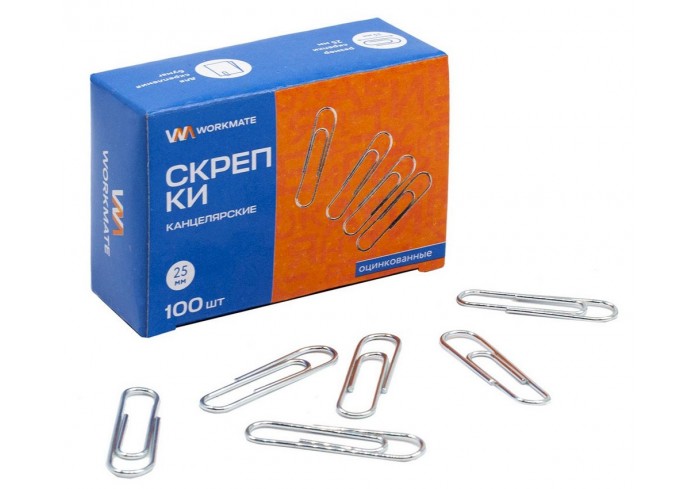 Скрепки канцелярские Workmate 25 мм, овальный профиль, оцинкованные, 100 штук в упаковке