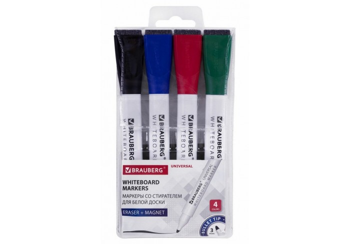 Маркеры стираемые на магните со стирателем для белой доски, 4 ЦВЕТА, BRAUBERG 