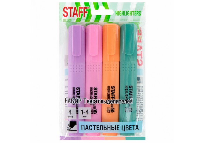 Набор текстовыделителей 4 ПАСТЕЛЬНЫХ ЦВЕТА, АССОРТИ, STAFF College 