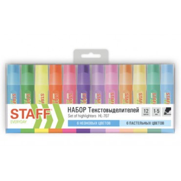 Набор текстовыделителей 12 ЦВЕТОВ, STAFF EVERYDAY HL-707, 6 неоновых цветов + 6 пастельных цветов, л