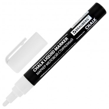 Маркер меловой CHALK LIQUID MARKER, БЕЛЫЙ, 3 мм, стираемый, BRAUBERG 