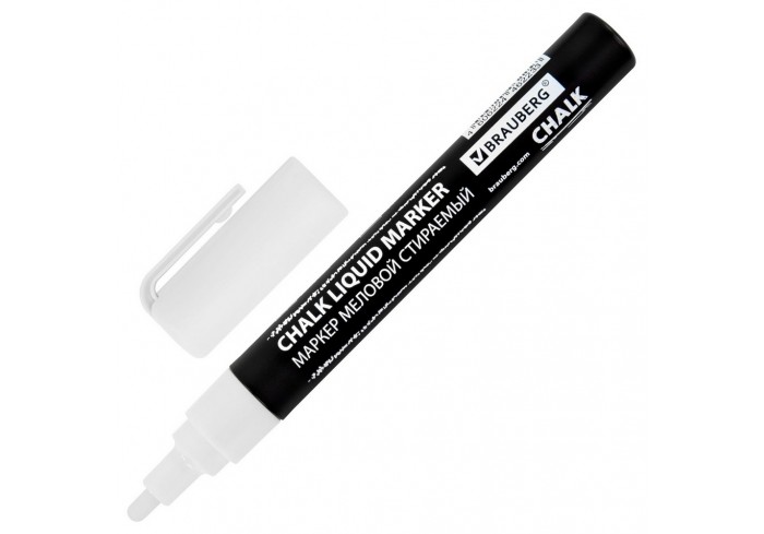Маркер меловой CHALK LIQUID MARKER, БЕЛЫЙ, 3 мм, стираемый, BRAUBERG 