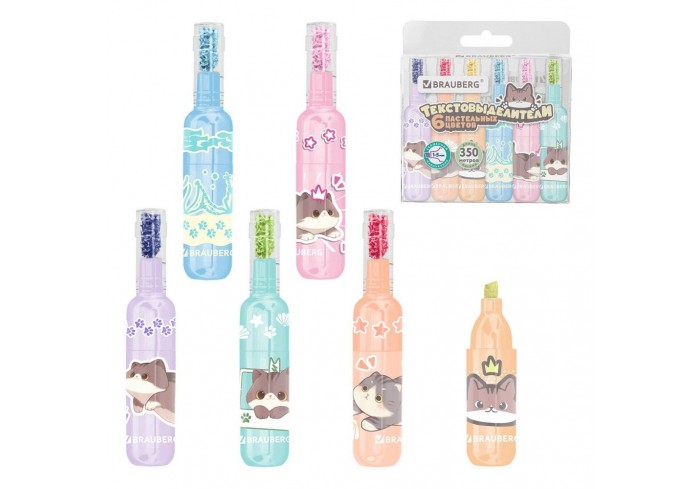 Набор текстовыделителей 6 ПАСТЕЛЬНЫХ ЦВЕТОВ, кросс-серия МИЛЫЕ КОТЫ, линия 1-5 мм, BRAUBERG,