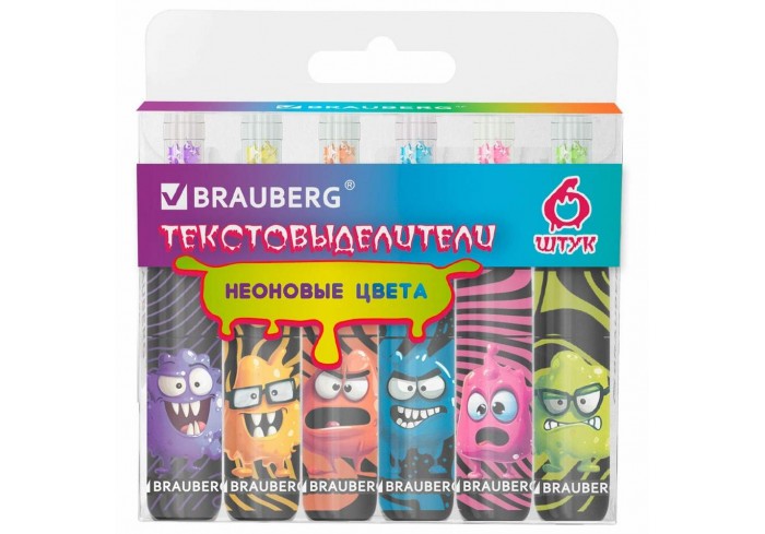 Набор текстовыделителей 6 НЕОНОВЫХ ЦВЕТОВ, кросс-серия МОНСТРИКИ, линия 1-5 мм, BRAUBERG,
