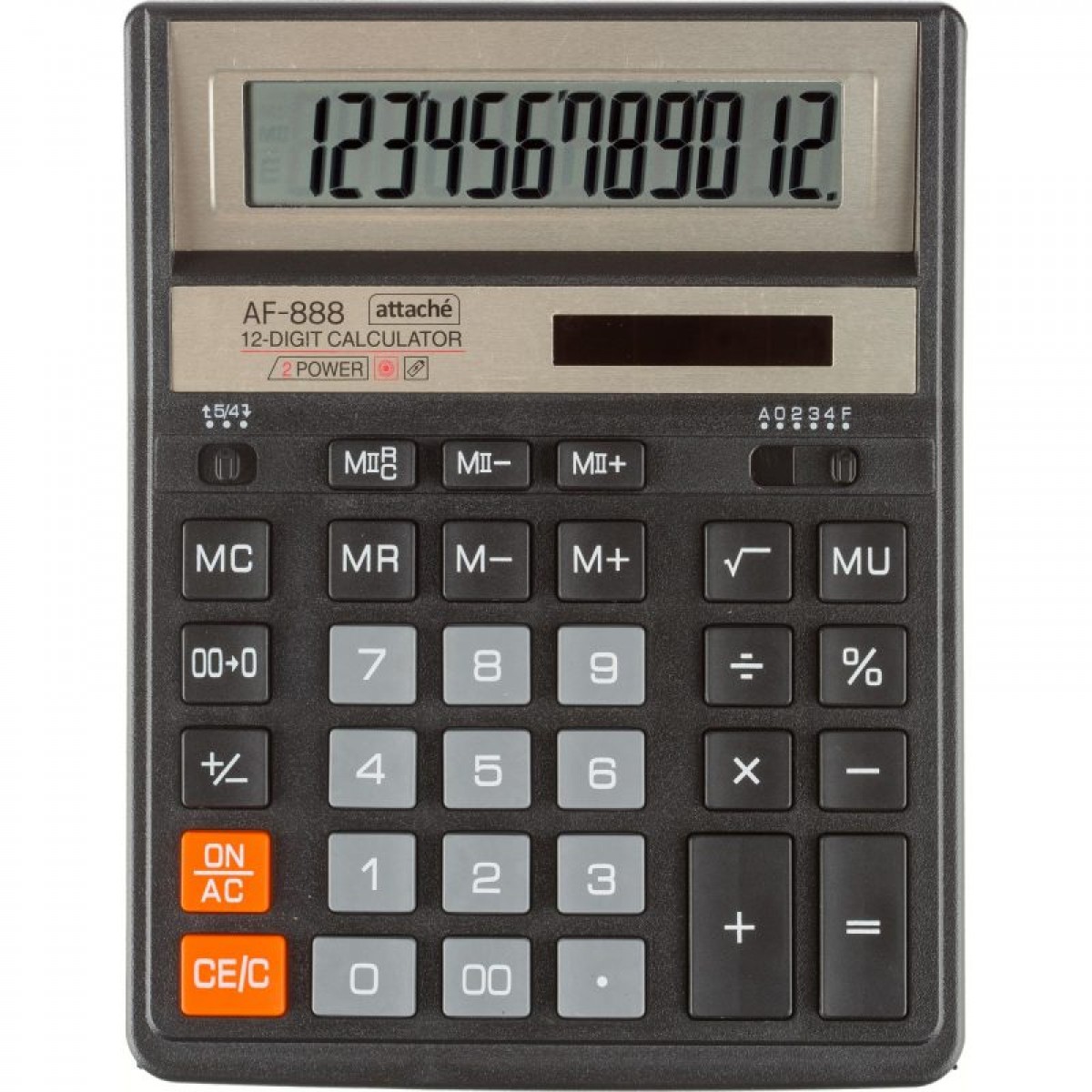 Калькулятор настольный полноразмерный Attache ASF-888,12-разр, двойное питание, 204x158мм, черный