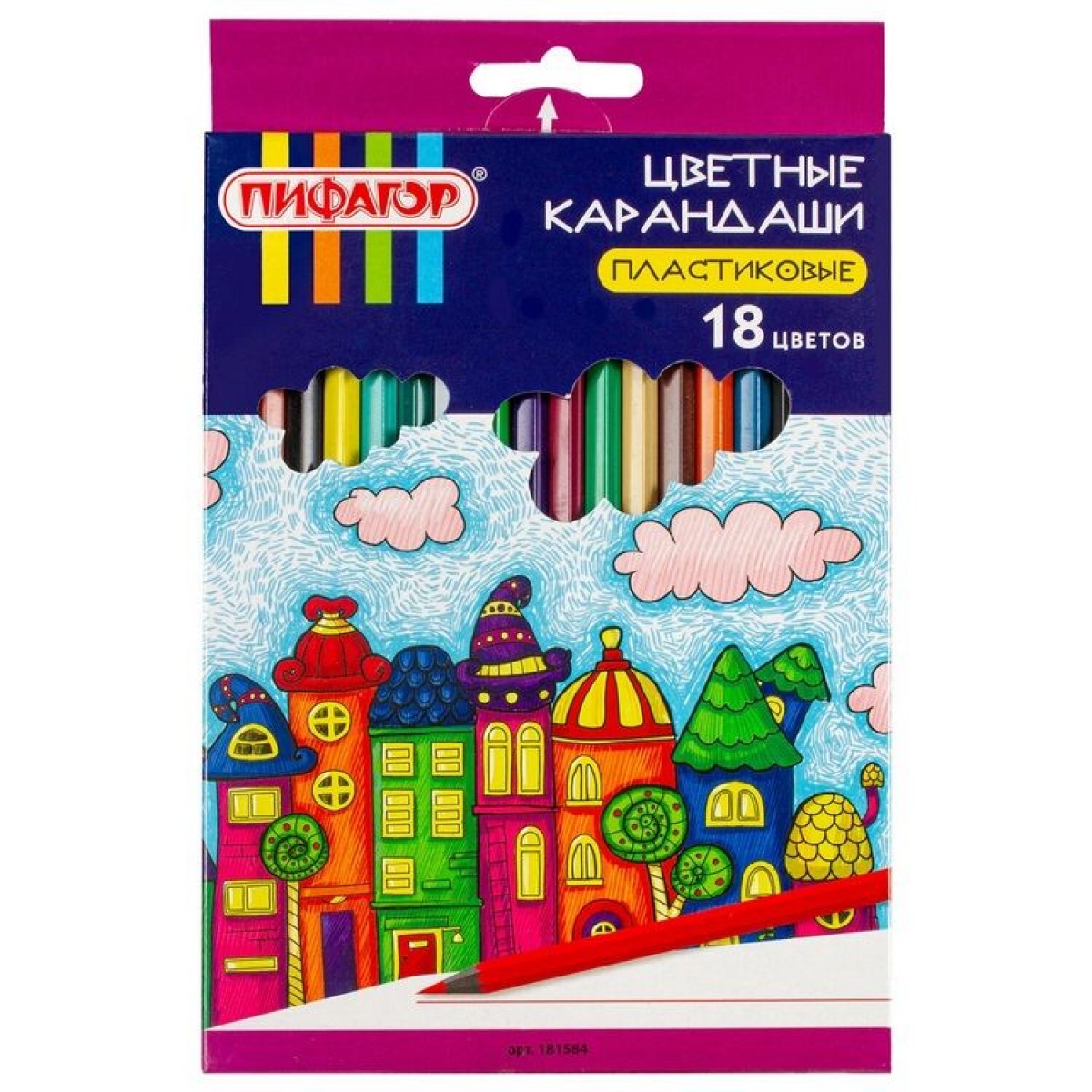 Карандаши цветные 18 цветов, черный пластик, заточенныеПИФАГОР 