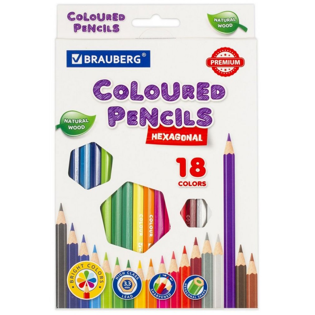 Карандаши цветные BRAUBERG PREMIUM, 18 цветов, шестигранные, грифель 3,3 мм, натуральное дерево,