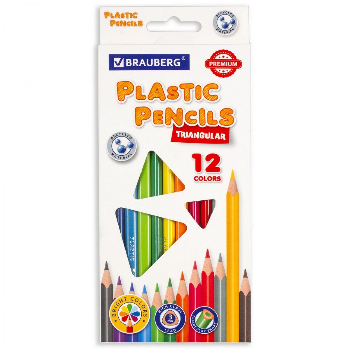 Карандаши цветные BRAUBERG PREMIUM, 12 цветов, пластиковые, трехгранные, грифель мягкий 3 мм,