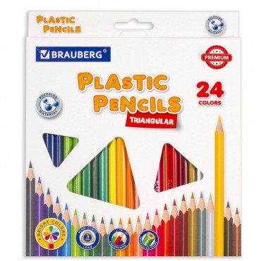 Карандаши цветные BRAUBERG PREMIUM, 24 цвета, пластиковые, трехгранные, грифель мягкий 3 мм,