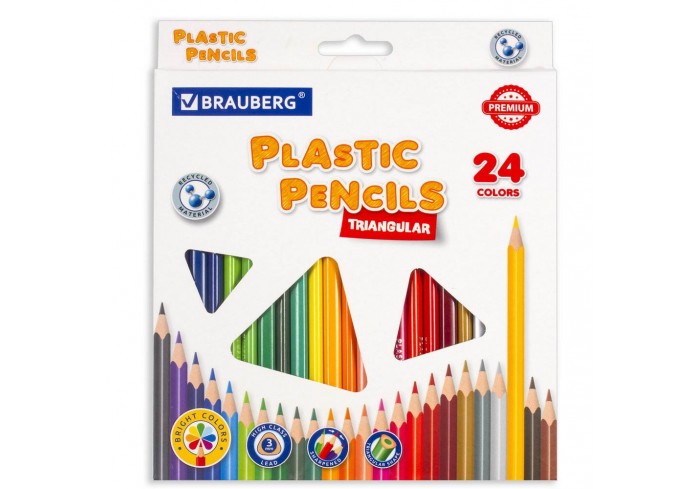 Карандаши цветные BRAUBERG PREMIUM, 24 цвета, пластиковые, трехгранные, грифель мягкий 3 мм,