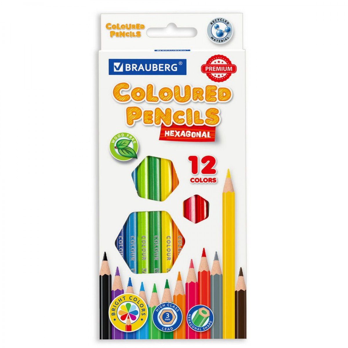 Карандаши цветные пластиковые BRAUBERG PREMIUM, 12 цветов, шестигранные, грифель 3 мм,