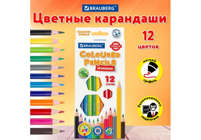 Карандаши цветные пластиковые BRAUBERG PREMIUM, 12 цветов, шестигранные, грифель 3 мм,