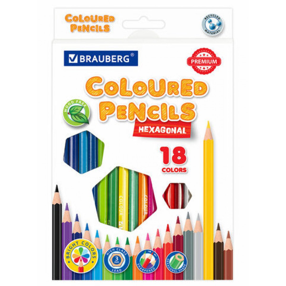 Карандаши цветные BRAUBERG PREMIUM, 18 цветов, шестигранные, грифель 3 мм,