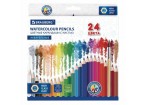 Карандаши цветные акварельные BRAUBERG 24 цвета с КИСТЬЮ, шестигранные, грифель 3 мм, натур.дерево